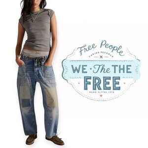 Free People We The Free Moxie Pull-On Barrel Jeans Truest Blue Patchwork Size 29
